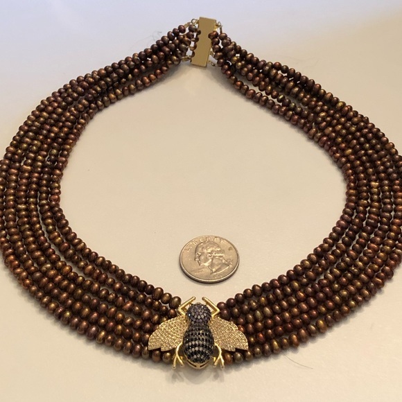 6 Row Genuine Cultured Golden Pearl Necklace with Pave Bee - Picture 5 of 11